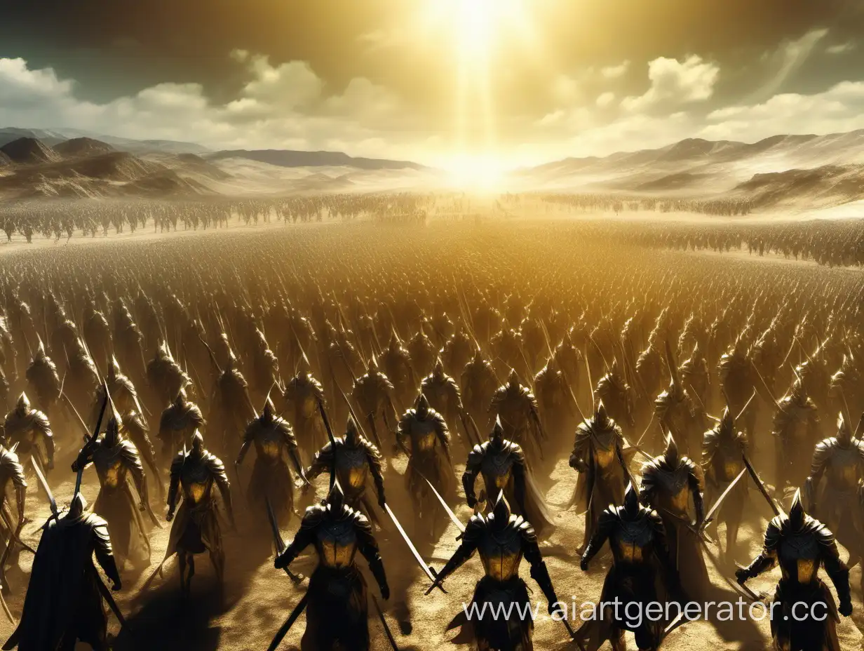 Огромное поле боя. Вид издалека. Армия воинов в золотых доспехах и с мечами излучающими солнечный свет бежит вперёд в нападение