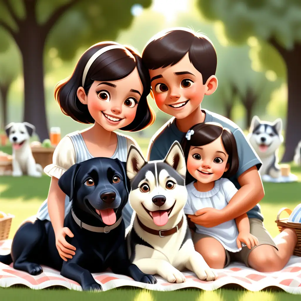 Enchanting storybook characters smiling as a family.  Hispanic boy with short black hair.  Brunette Girl with short brown bob.  Newborn baby girl. Picnic in the park. Black lab dog and husky dog