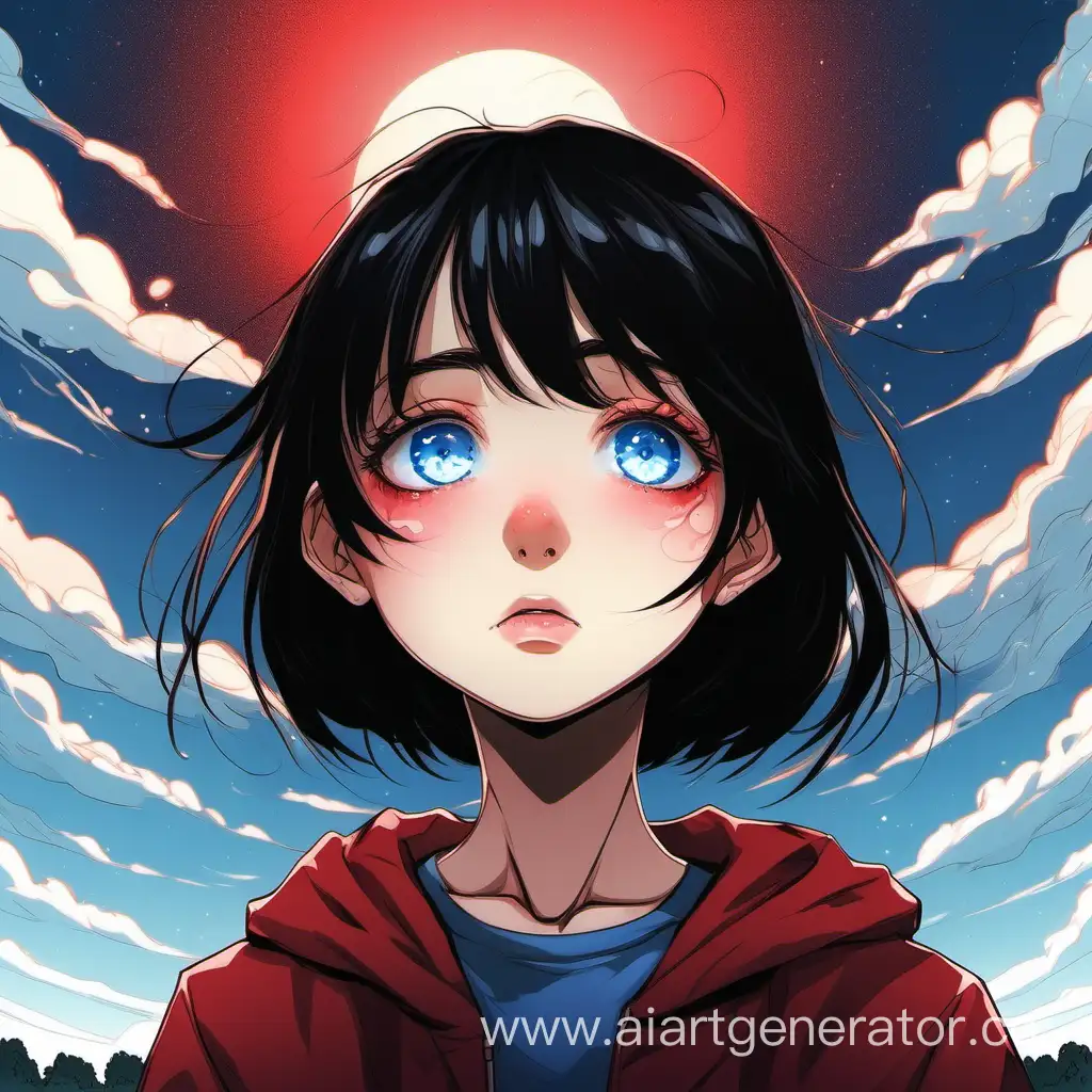 Голубоглазая девушка с черными волосами которые отливают рыжим.Смотрит на небо и плачет