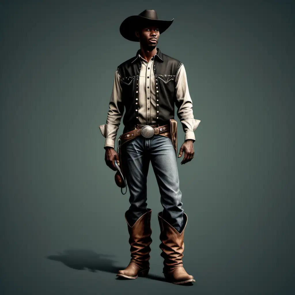 full body view, black cowboy , farm hand, look to the left, semi realistic