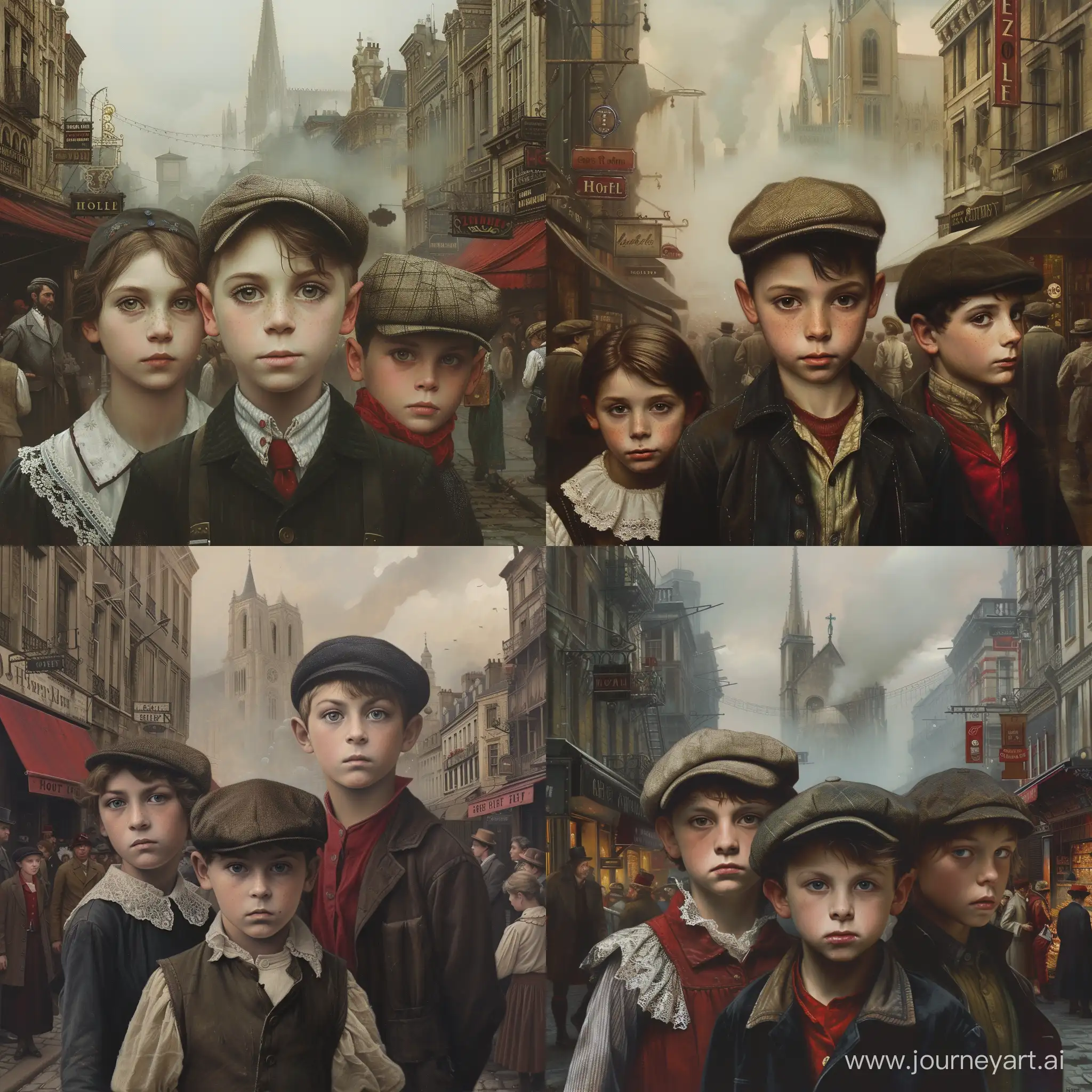 a painting that depicts three young children standing together in the foreground against a bustling city street scene. The children appear to be from a historical period, possibly the 19th or early 20th century, judging by their clothing and the architectural style of the buildings.

The child in the middle and the one on the right are both boys, wearing caps and jackets that suggest working-class or lower-middle-class status. The boy in the center is looking directly at the viewer, while the boy on the right gazes slightly to the side. They both have serious, somber expressions. The boy on the right also wears a red scarf around his neck, adding a touch of color to his otherwise dark attire.

The child on the left is a girl, with a lace collar and what seems to be a more subdued expression than the boys. Her hair is styled in a way that complements the era depicted.

The background of the painting is rich in detail, with many characters going about their daily lives. You can see shop fronts, including one with a visible sign that says "Hotel," people walking, conversing, and carrying goods. The street fades into a misty atmosphere in the distance, where a cathedral or large church looms, indicating that this may be a scene set in a European city.

The lighting and color palette are moody and reminiscent of the atmosphere of the industrial revolution—smog and the dim lighting that suggests either early morning or late evening. The focus on the children, with their direct and confrontational gaze, evokes a narrative quality, encouraging viewers to contemplate their story within this urban environment.--stylize 750 --v 6