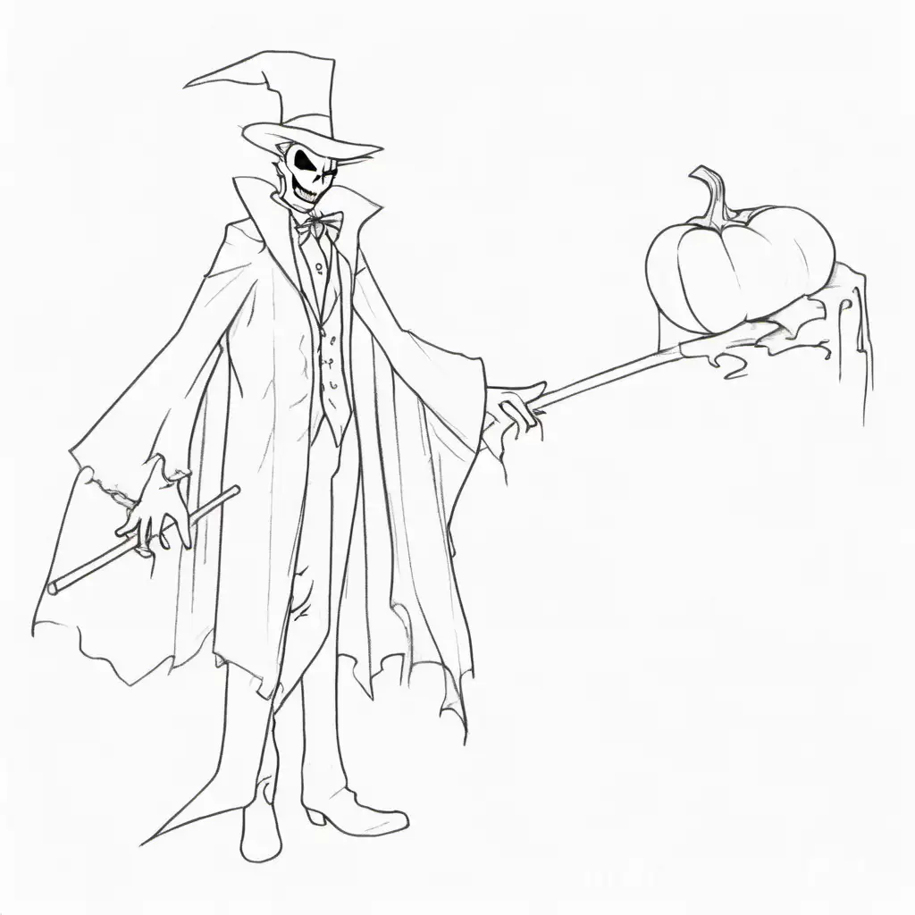 long tattered cloak, pumpkin-themed gentlemen’s hat, he holds a black cane, vampirish – magician-like, outfit is like a combination of Wonka, Joker, Skellington, Dracula