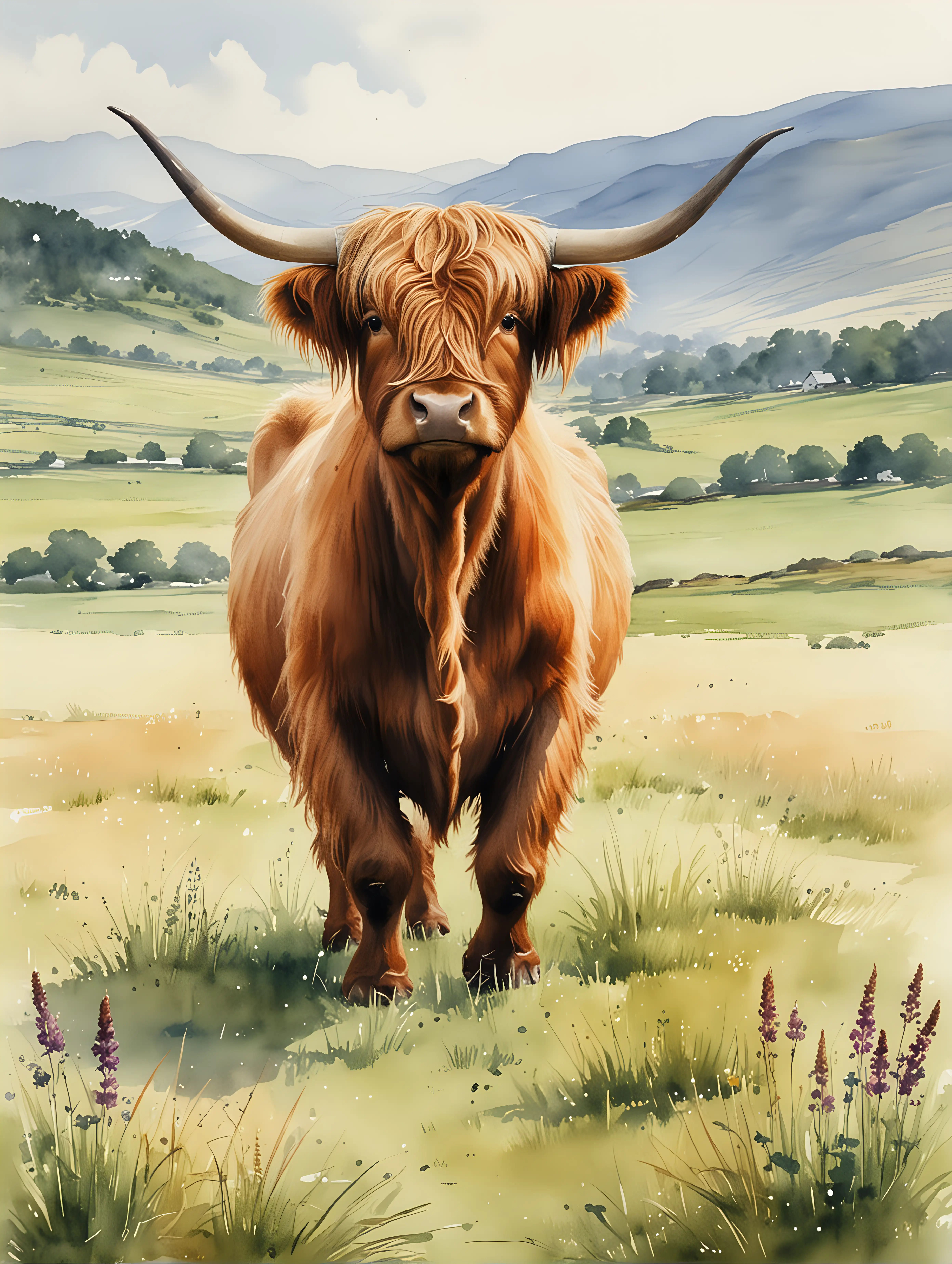 Simple watercolor  of a Scottish highland cattle in a field,.
