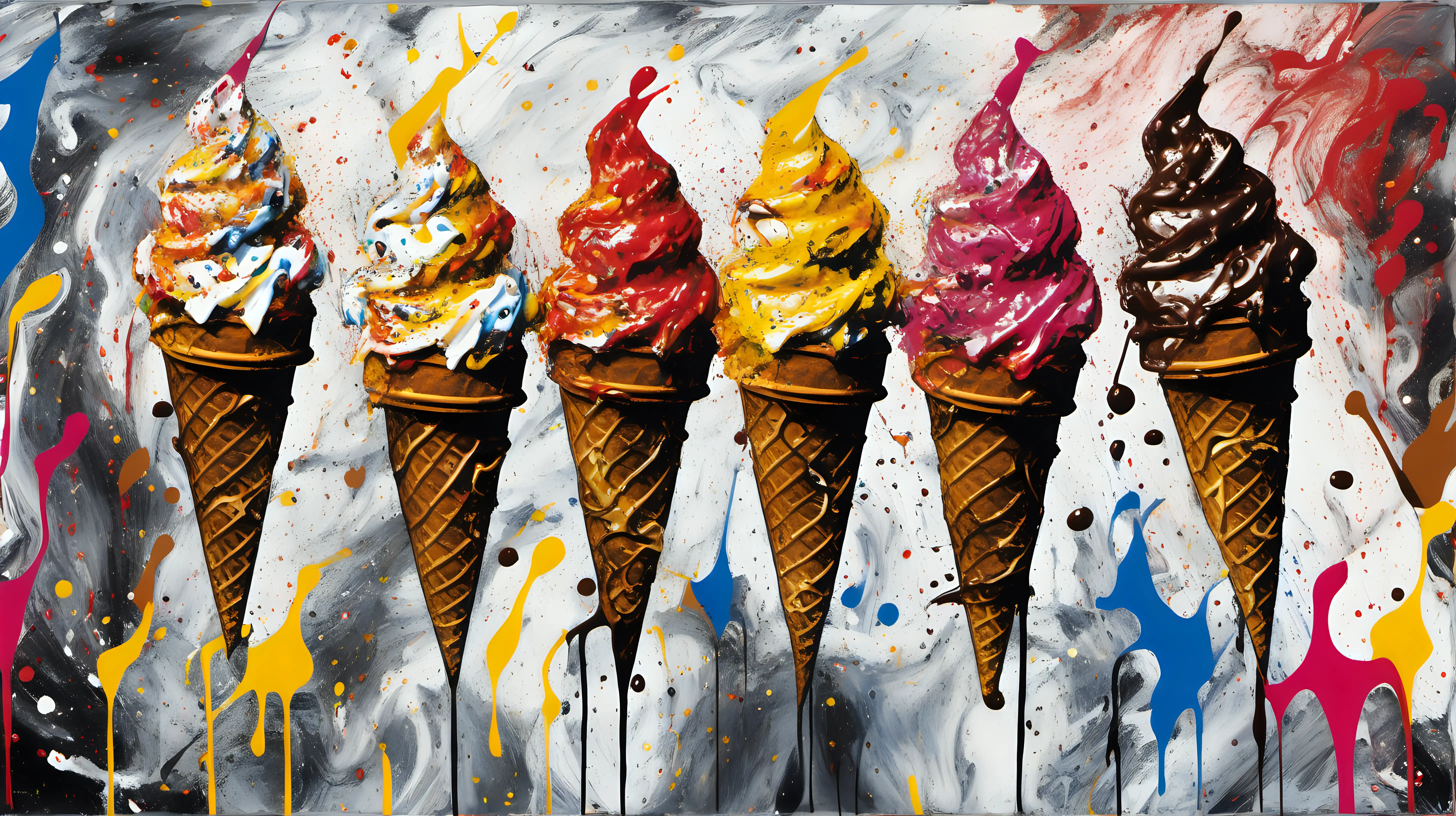 Abstract Jackson PollockInspired Painting Colorful Array of Ice Cream Cones