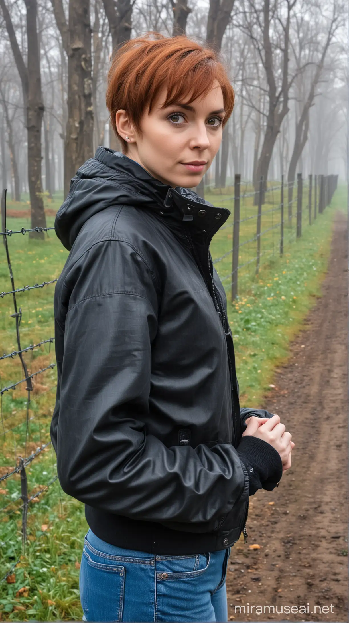 туманное апрельское утро в Ленинградской области, монастырская ограда, за ней - подворье монастыря, снаружи у ограды стоит женщина с каштановыми волосами и серыми глазами со стрижкой под "пикси" в джинсах и черной куртке-ветровке