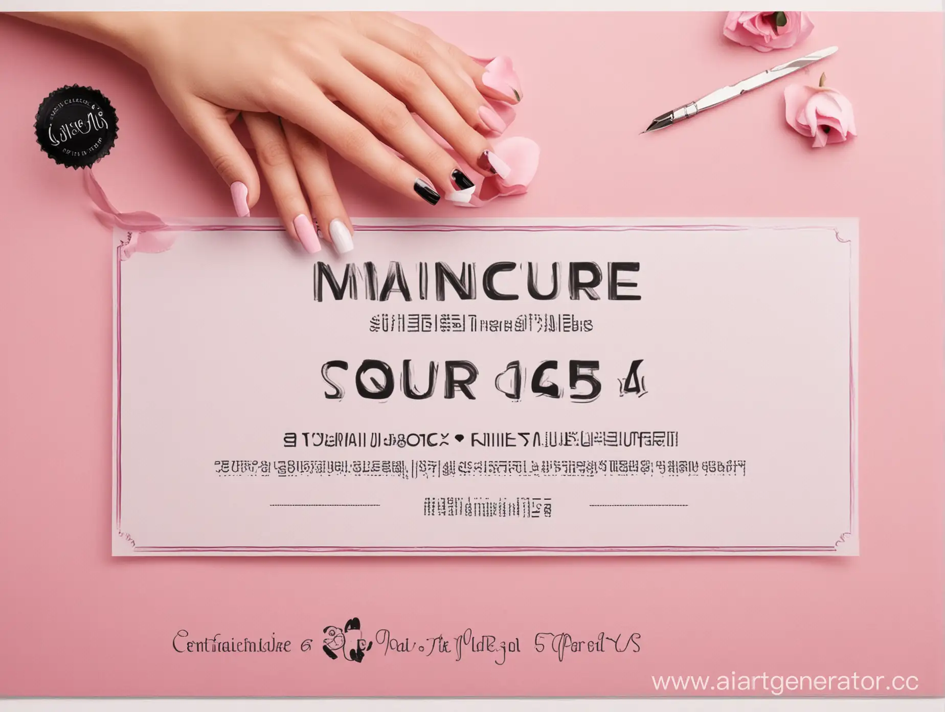 сертификат по маникюру, справа изображение ногтей слева текст, цвета черный белый розовый