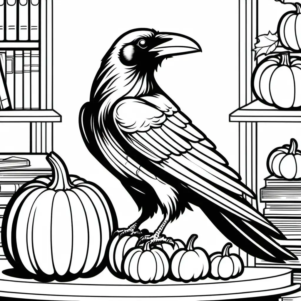 a simple black and white coloring book image of a Raven in the study with pumpkins, for coloring