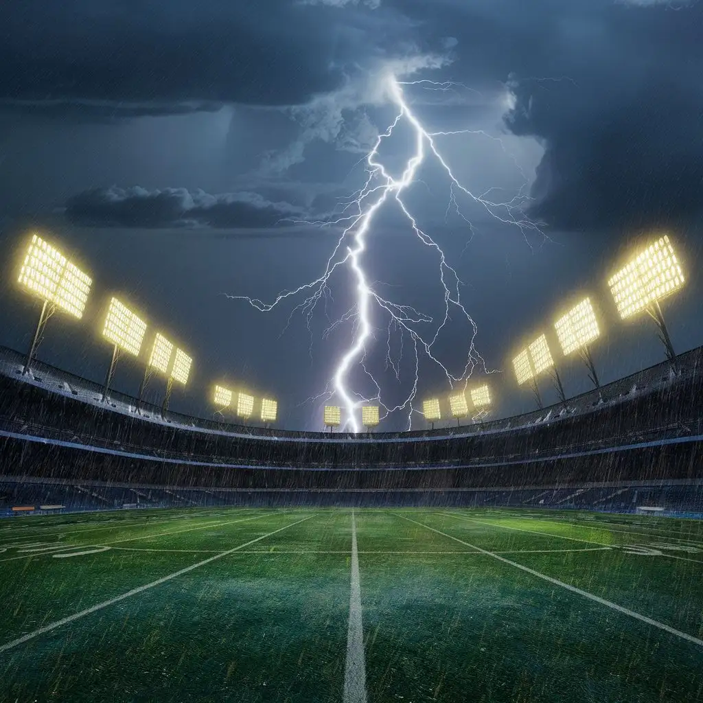 A photorealistic image of a massive football stadium during a fierce lighting storm. The powerful floodlights fight against the darkness as rain pelts the empty field. A bolt of lightning strikes the center of the field, illuminating the wet grass and the surrounding storm clouds.