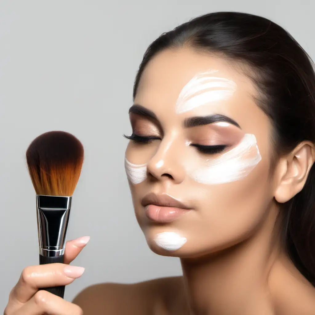 Elegant Woman Applying Makeup with a Beauty Brush for Flawless Skin