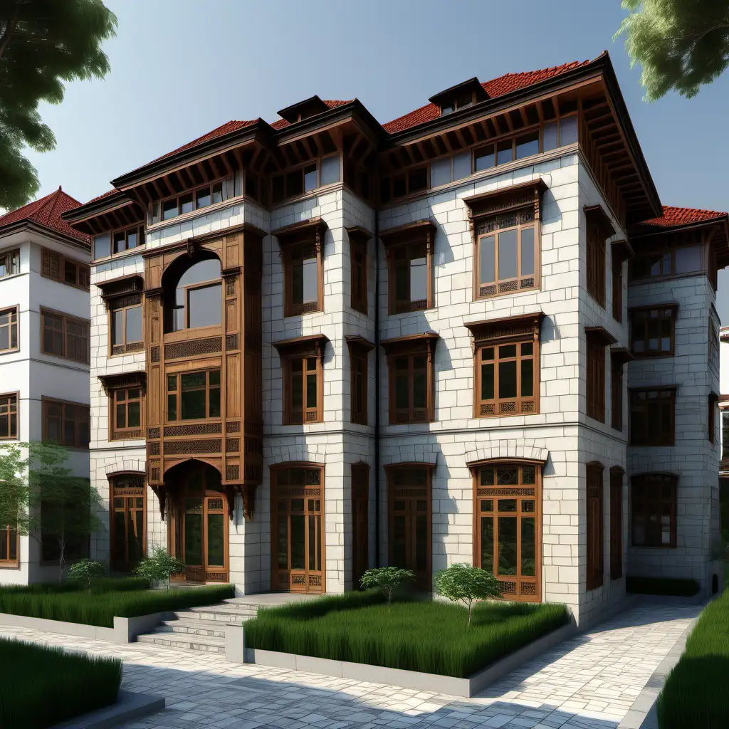 a city,  large sheet, plan, perspective  facade, elevation, section,street traditional Turkish lots of skyscarpers, large garden and courtyard , Ottoman style, wooden windows, wooden bay window, , stone facade, green garden,
plants, wide eaves, wooden floor molding, perspective , simetric