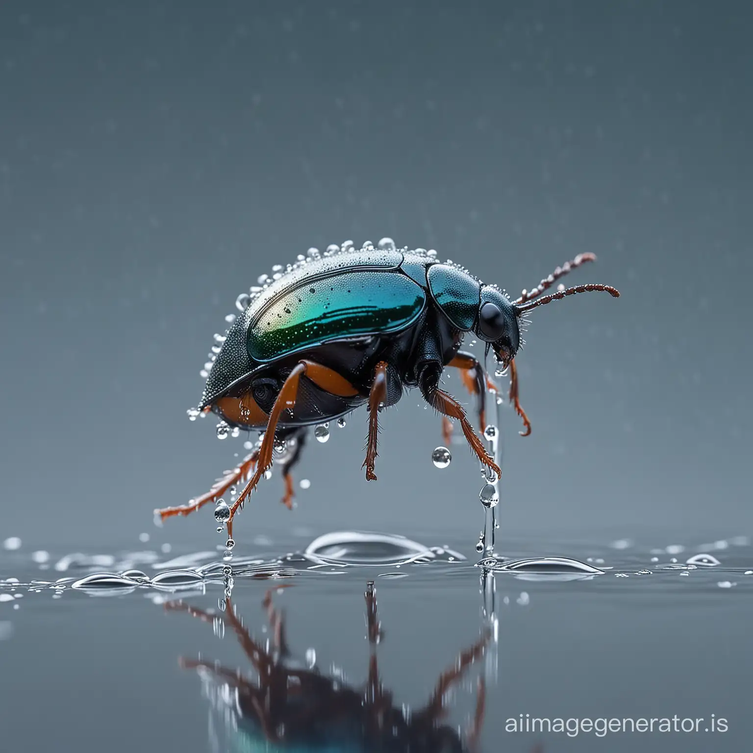 Cute little beetle gliding on a large drop of water, photography by Miki Asai Macro, close-up, very detailed, trending on Art Station, sharp focus, studio portrait, intricate detail, very detailed, by Greg Rutkowski