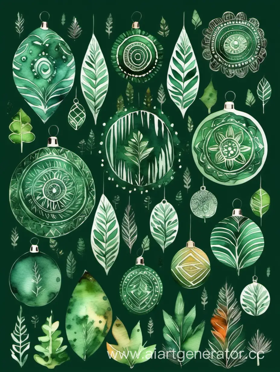 Ethnic-Forest-Ornaments-Watercolor-Painting-on-Dark-Green-Background