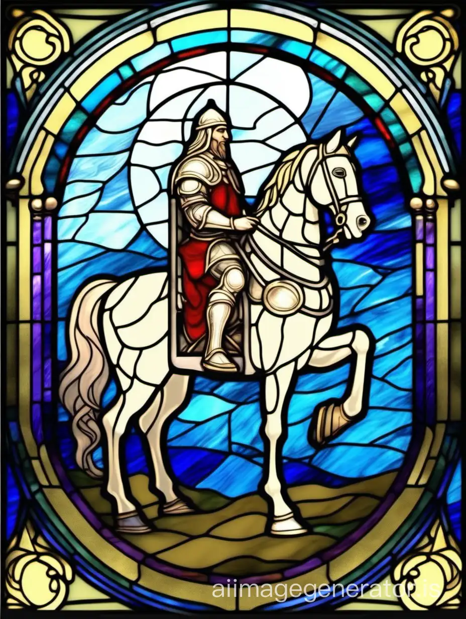 bogatyr on a horse, full moon, stained glass, flat style, gentle calm colors