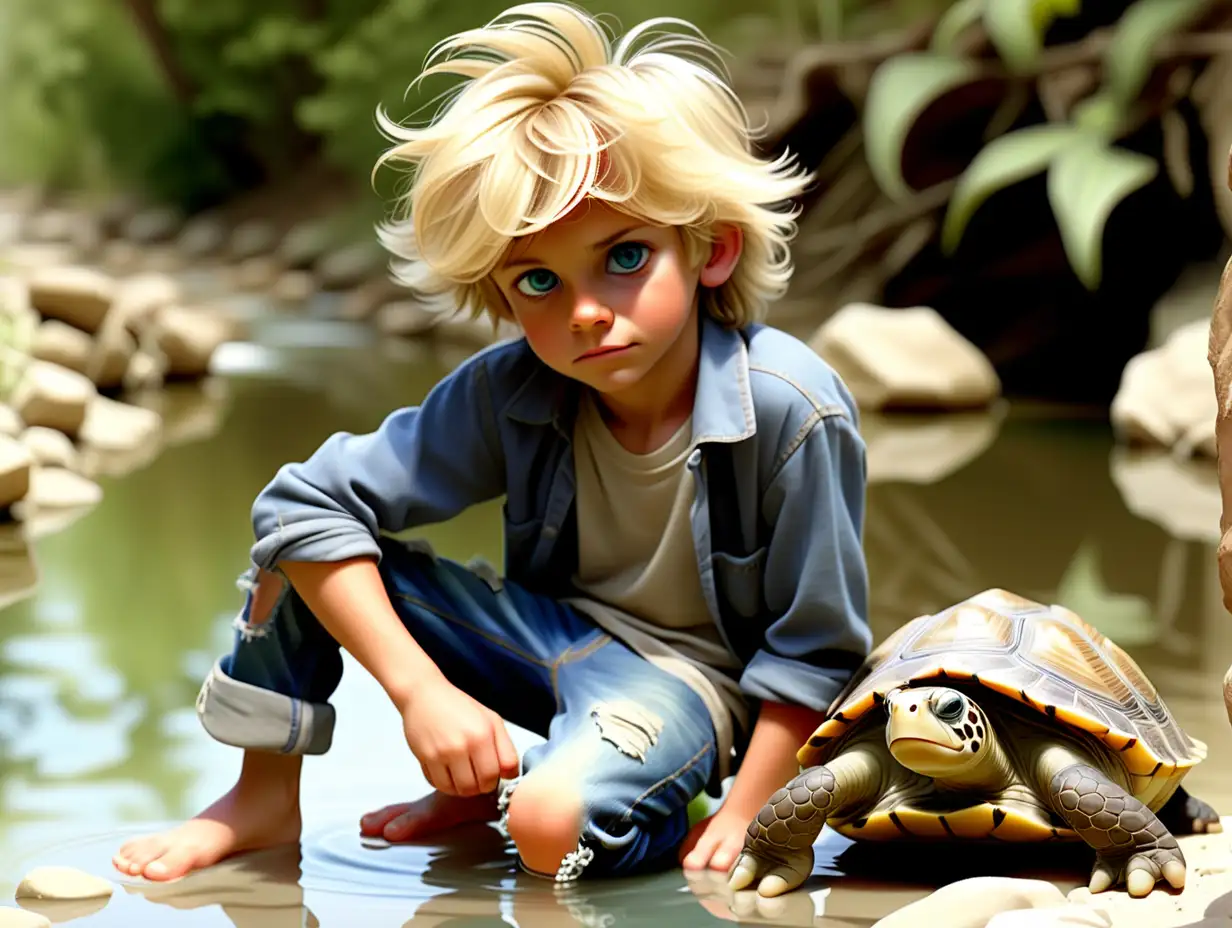 Adorable Preteen Boy by Tranquil Creek with Playful Turtle