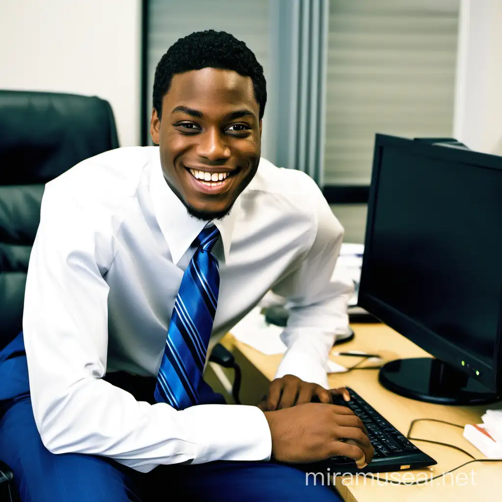 Smiling Young African American Professional in Blue Suit at Office Desk