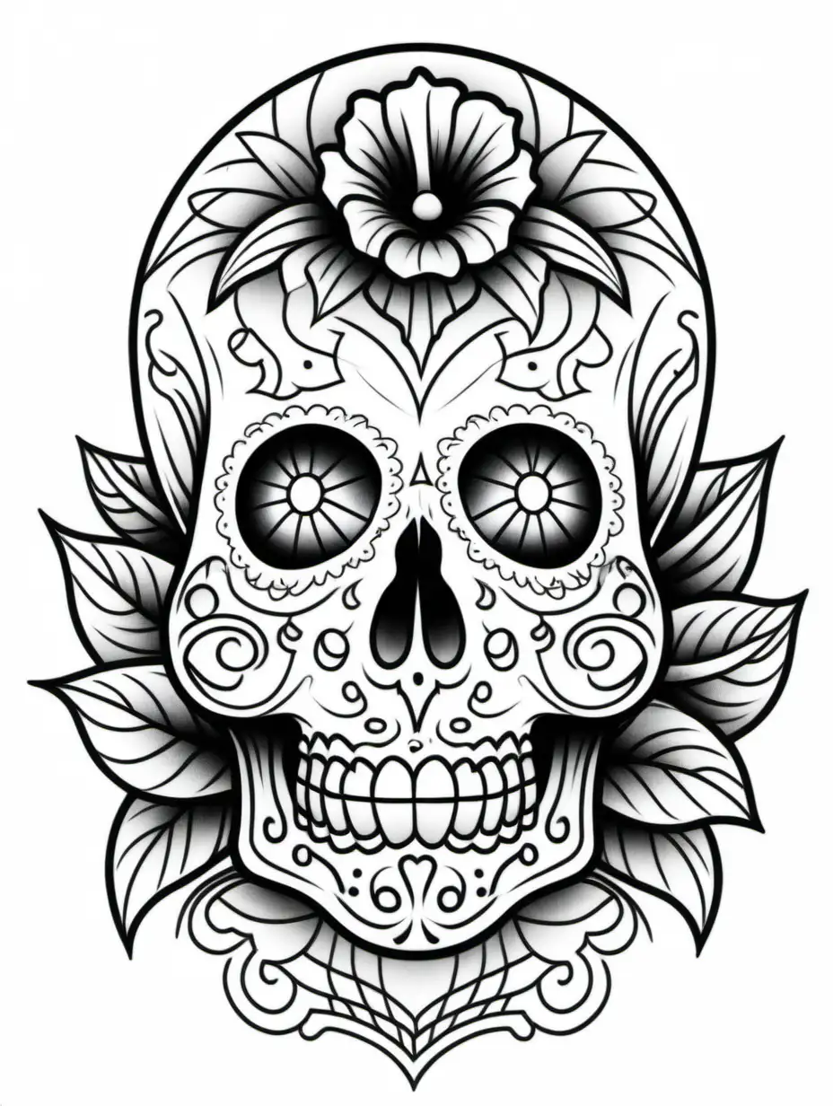 a calavera tattoo themed outline, white background, thick black lines, no color