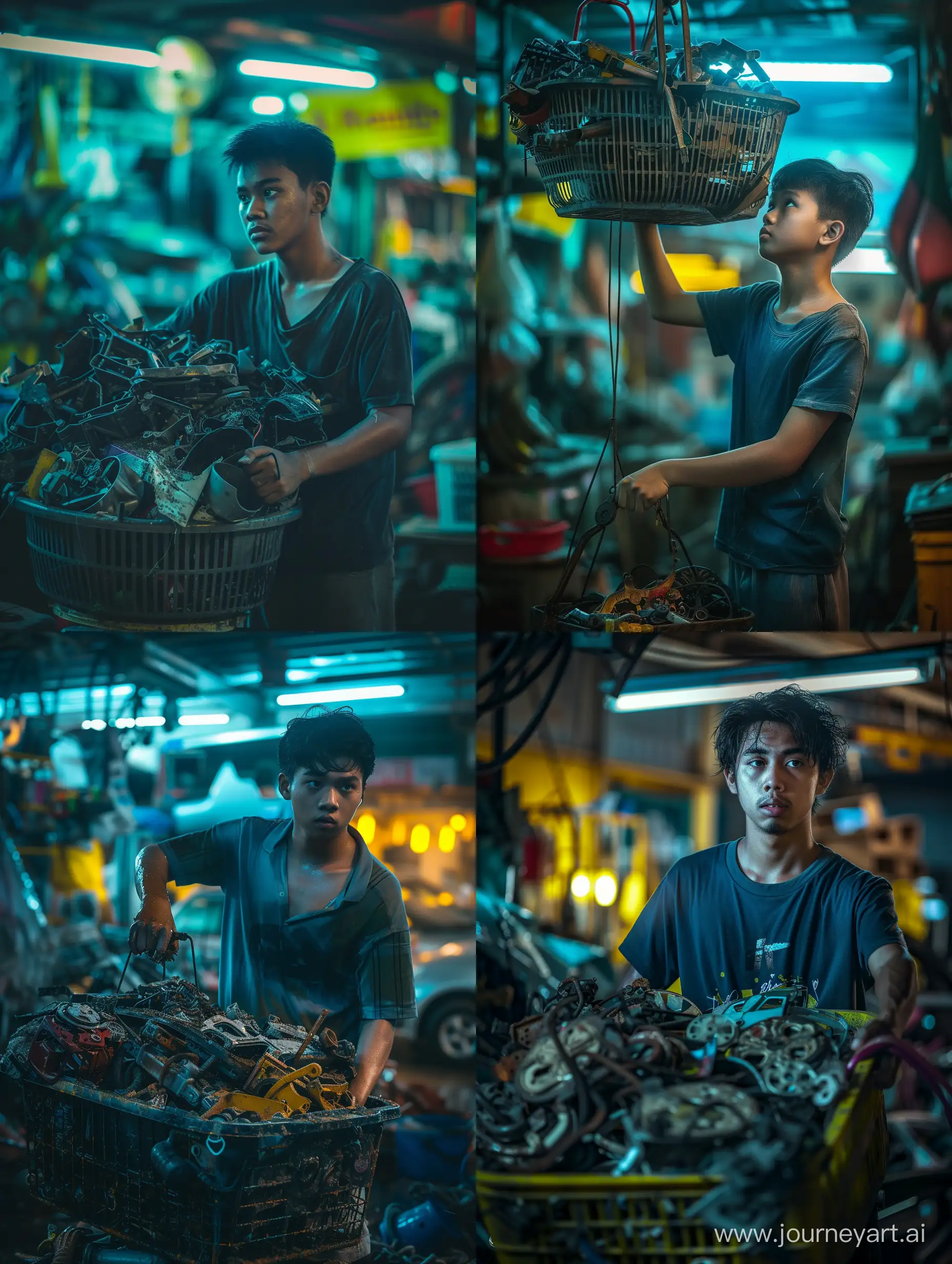 ultra realistic, close up A MALAY TEENAGE MALE IS LIFTING A WASTE BASKET. IN THE BASKET FULL OF CAR SPARE PARTS THAT HAVE BEEN DAMAGED. THE ATMOSPHERE IN A CAR WORKSHOP. BEHIND THERE ARE YELLOW AND BLUE COLORED LIGHTS. canon eos-id x mark iii dslr --v 6.0