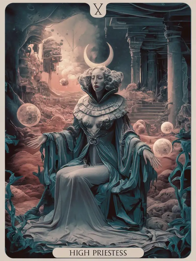 Another masterpiece of fantasy and art by Haeckel,  his highly detailed re-imagination of a classic High Priestess tarot card, surreal and mystical renassaince oil painting esthetics with hints of Remedios Varo and Leonora Carrington
