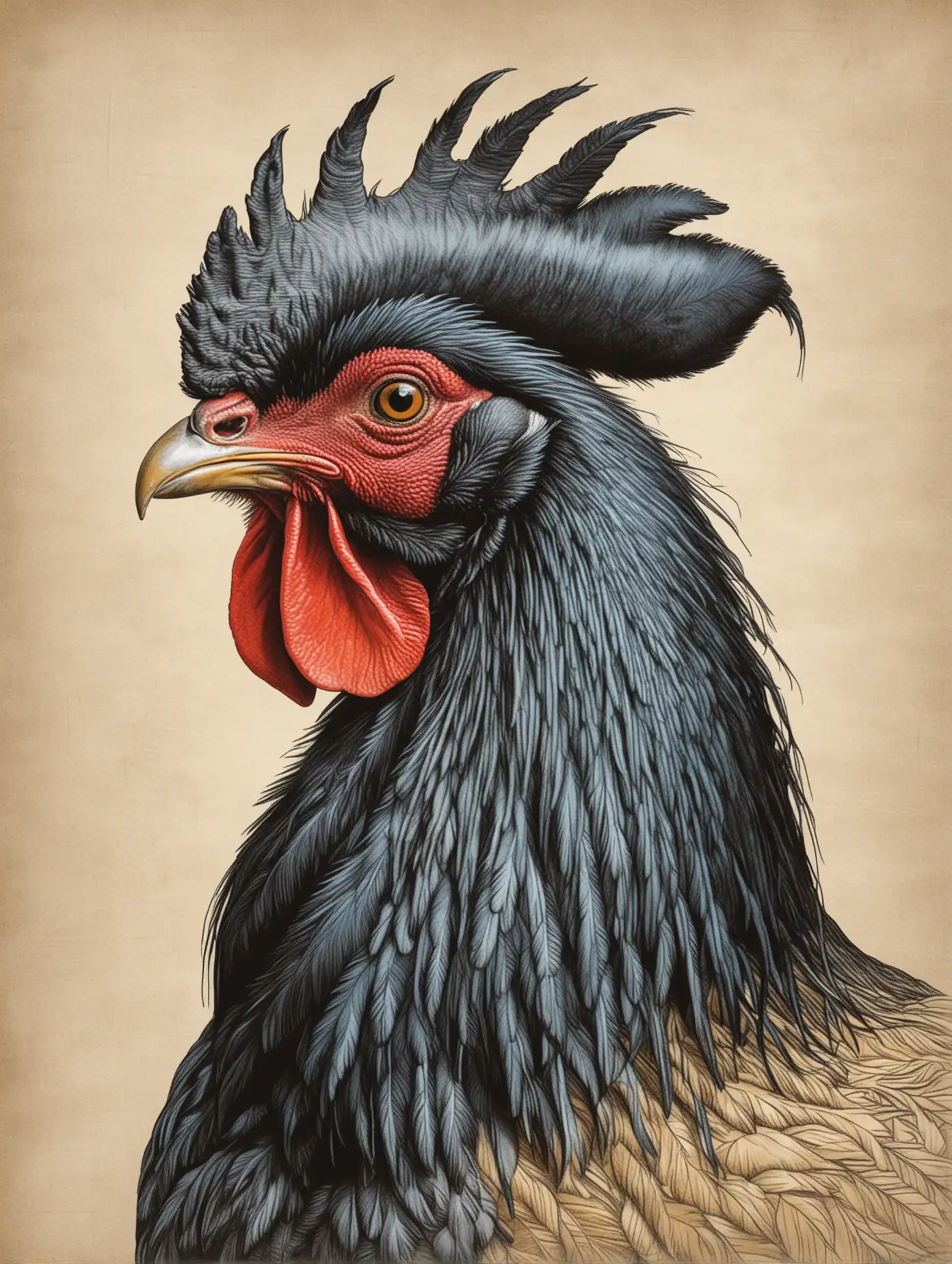 simple color line drawing of one black rooster, in portrait in Audubon style colored in

