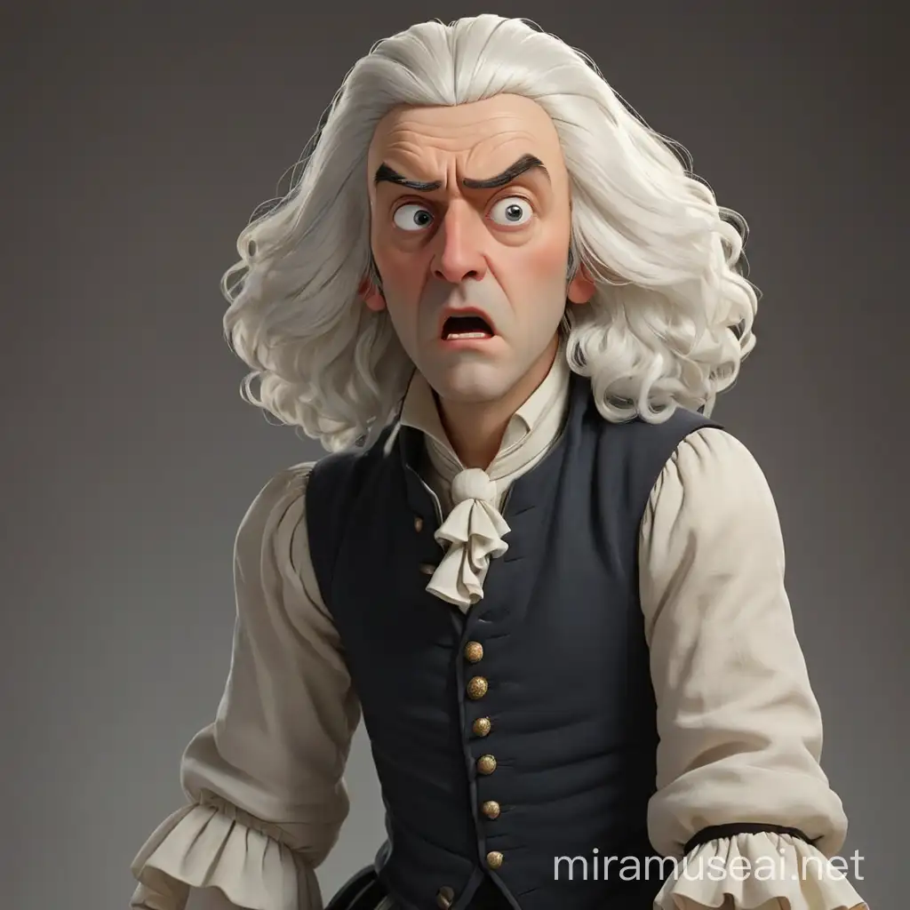 The Count, wearing a white wig and dressed in 18th-century style, he is depressed and sad, stands with his head and shoulders down. He is upset about something.WE see him in full growth, with arms and legs. In the style of 3D animation, realism.