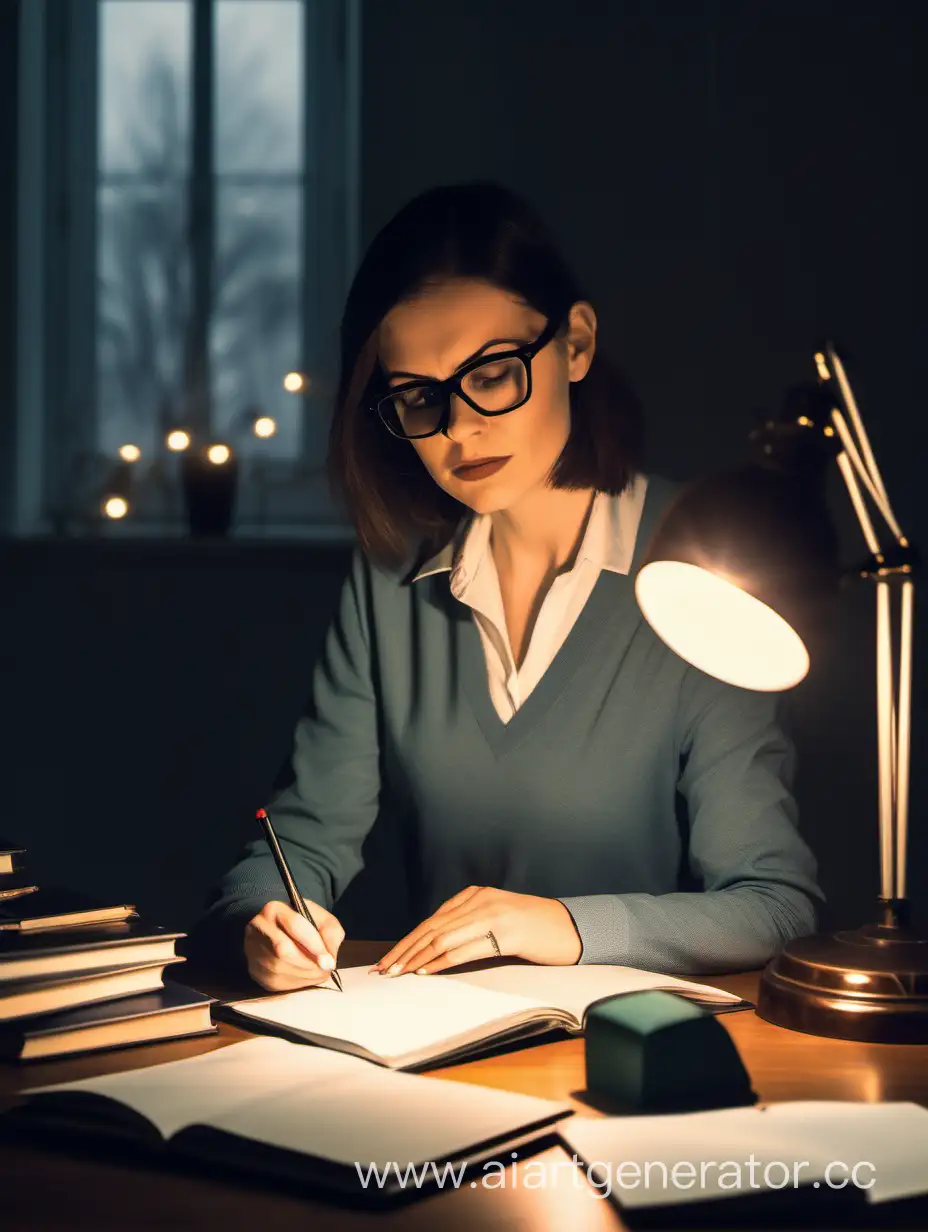 Учительница молодая брюнетка в очках сидит за письменным столом и при свете настольной лампы проверяет множество тетрадей