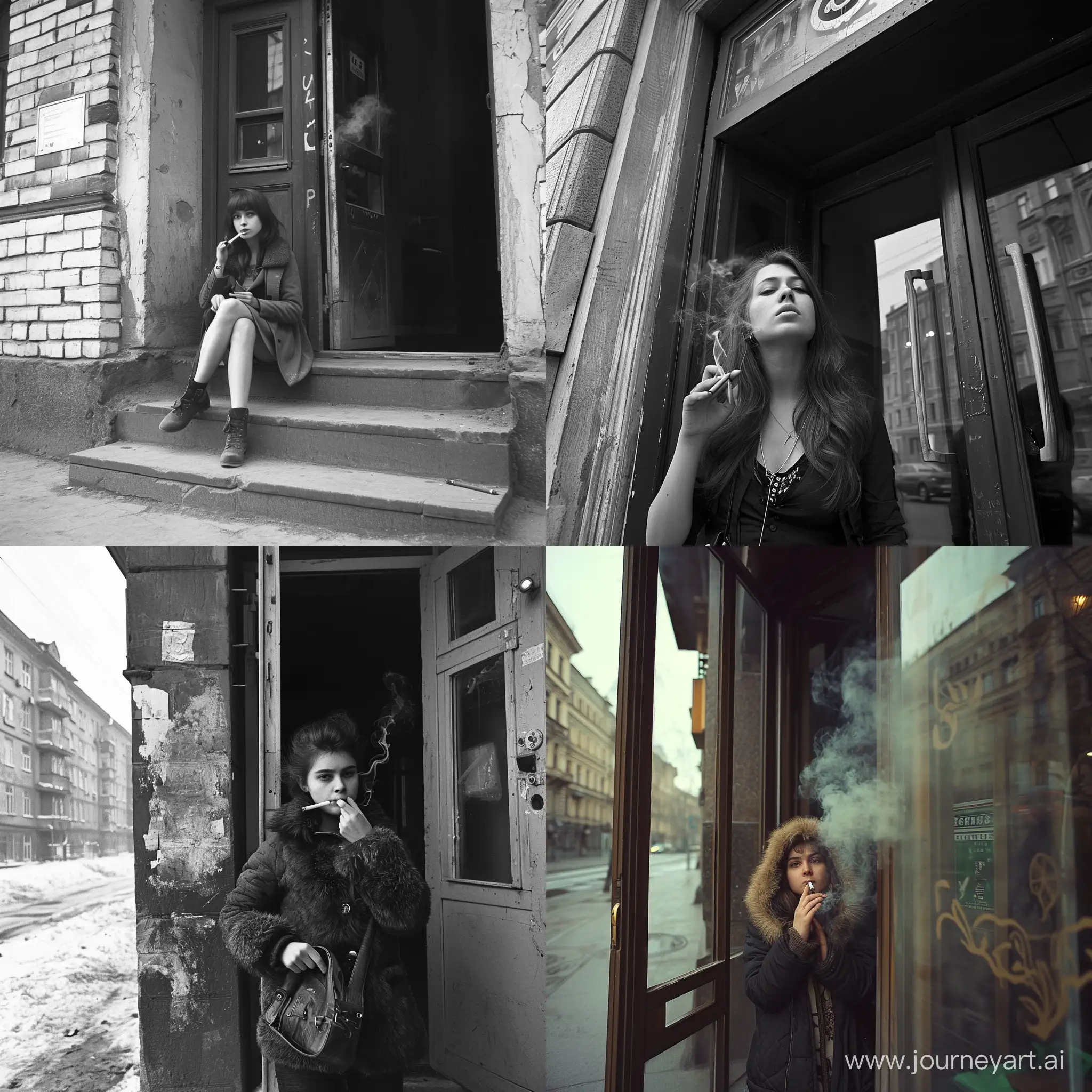 A Russian girl smoking in the entrance of a five-storey building