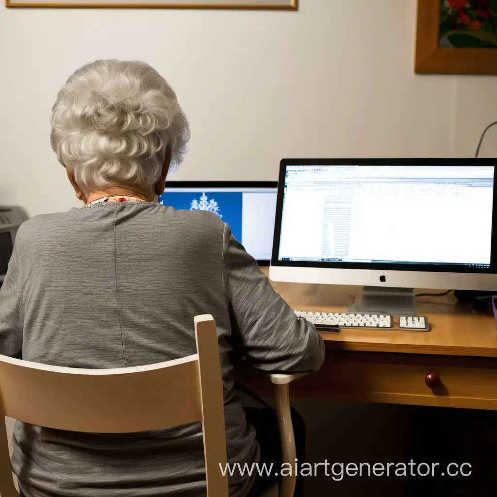 бабушка сидит за компьютером со спины, а на первом плане стол
