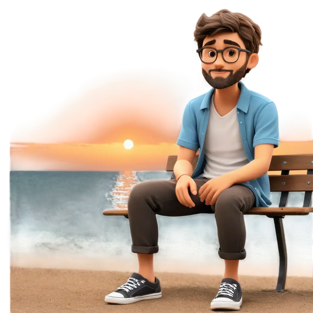 alone cute boy sitting on a bench beach sunset background with beard wearing eye glass cartoon for cover photo