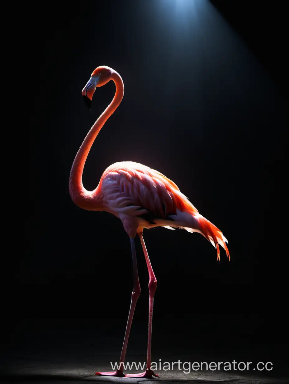одно Красивое фламинго стоит в полный рост, видны ее ноги  и шею подсвечена контровым светом на темном фоне