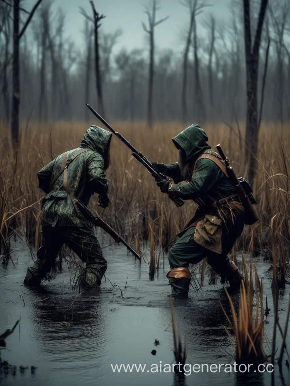 Охотники дерутся на болоте