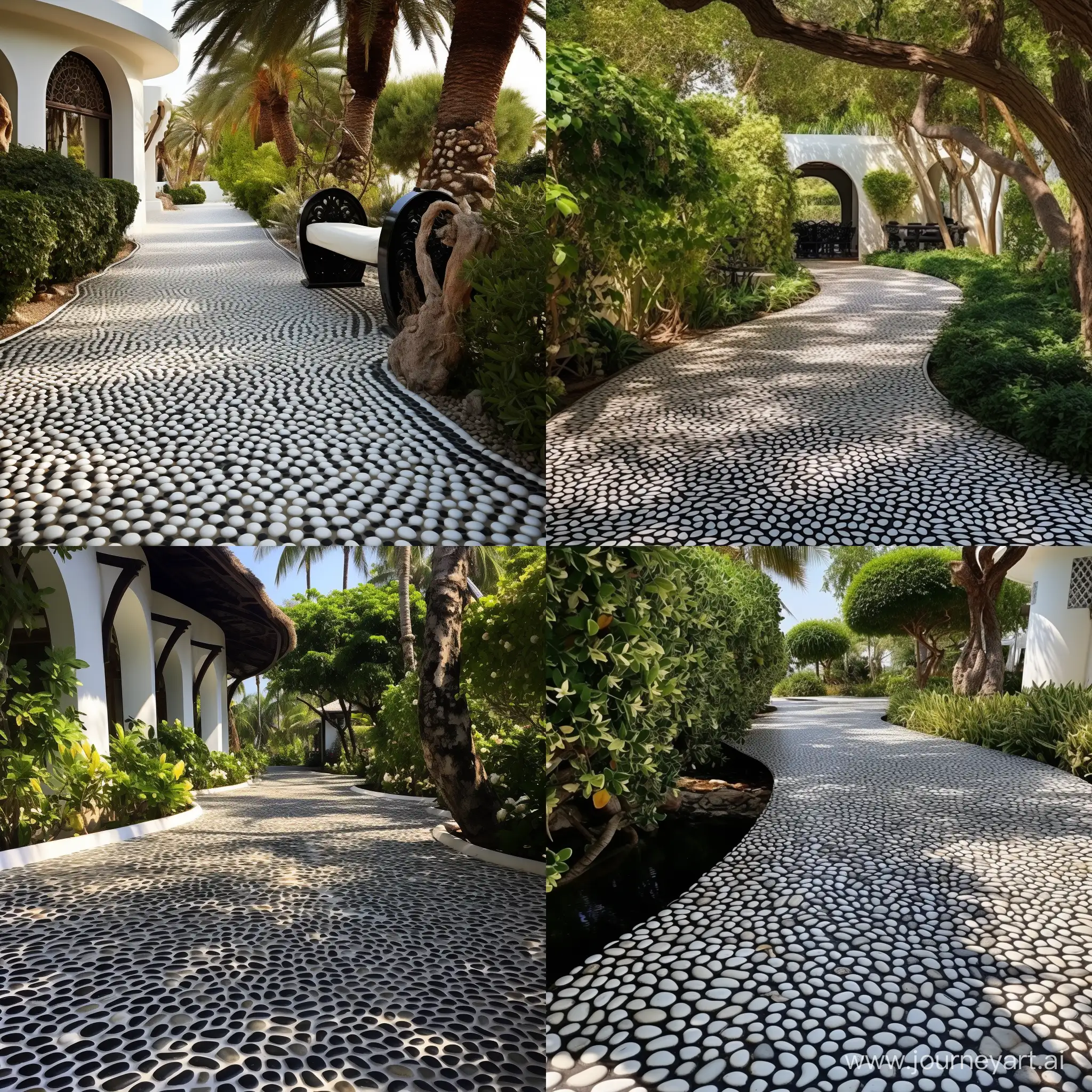 Tranquil-Villa-Garden-Elegant-Black-and-White-PebblePatterned-Path