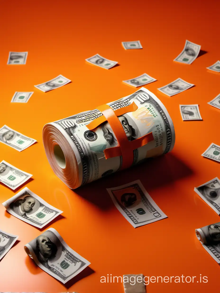 A realistic small roll of one hundred dollars bills melted on an orange floor with Cyrillic letters behind at the background