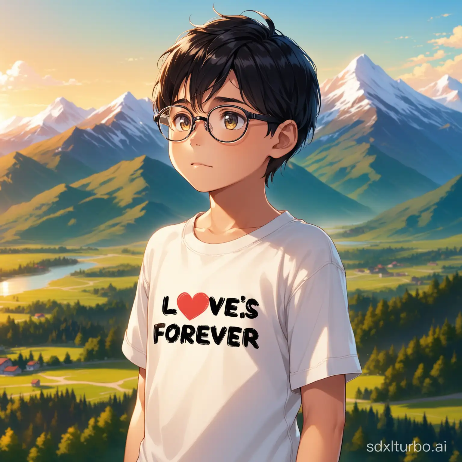 A boy about ten years old with glasses, black hair, wearing a white T-shirt with 'LOVE IS FOREVER' written on the chest, looking towards the distance with mountains in front of him.