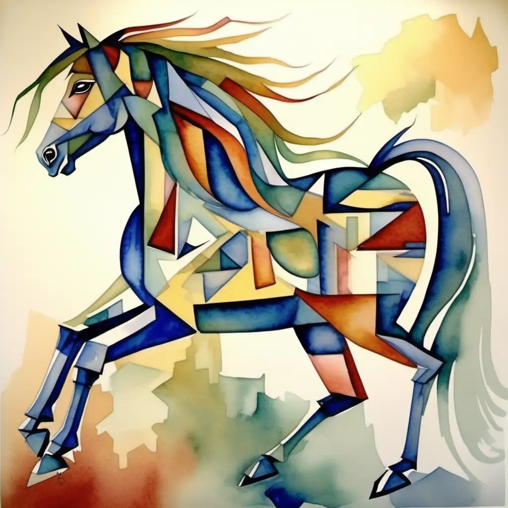Arabic horse, watercolor, cubism style, horse mount 