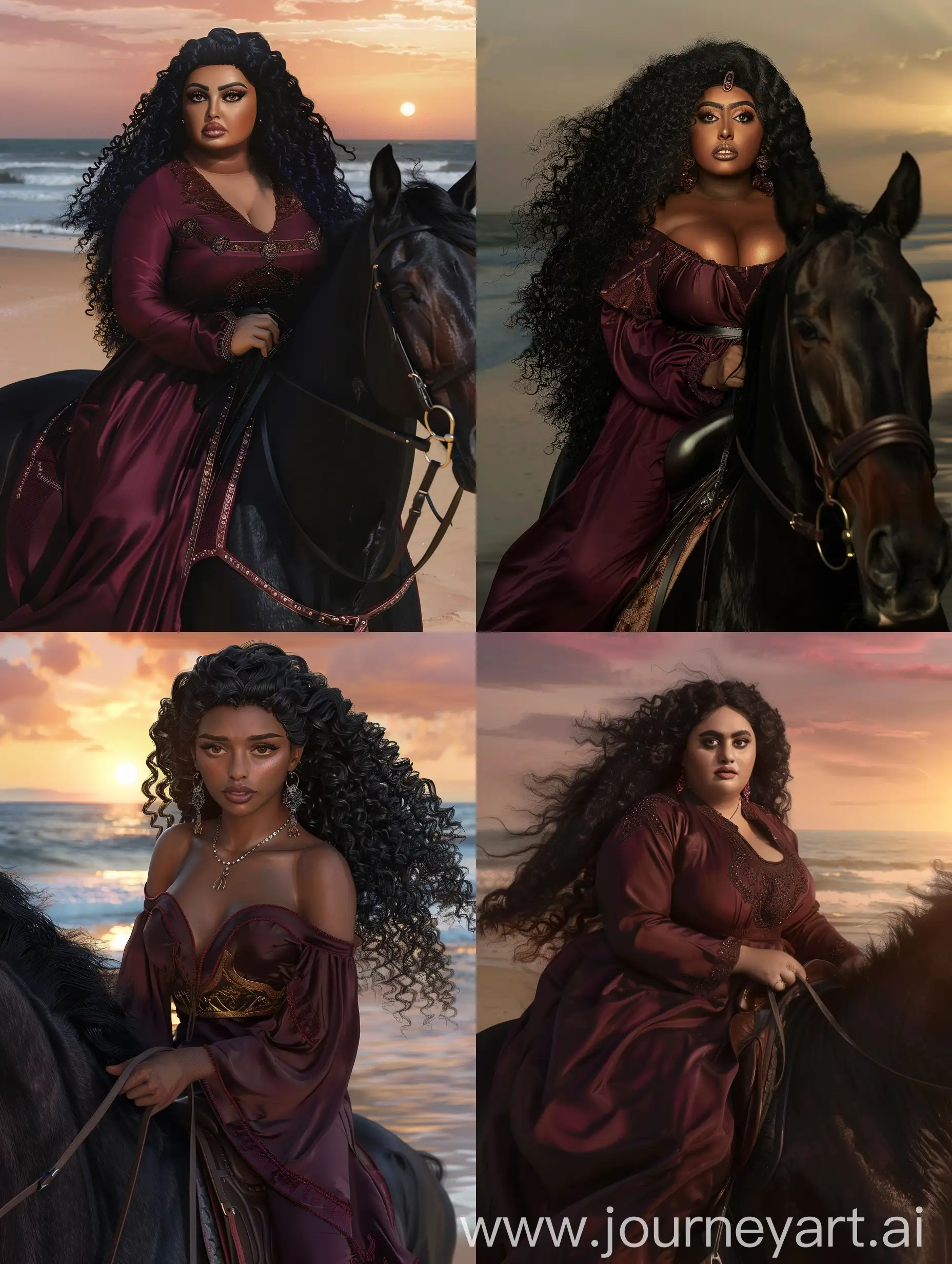 black-skinned woman, weighing 80 kilograms, with features from the Arabian Gulf region, with large breasts, a large ass, wide brown eyes, full lips, a small nose, and long black curly hair. She wears traditional burgundy-coloured Kuwaiti clothing, riding a purebred black Arabian horse at sunset on the beach.