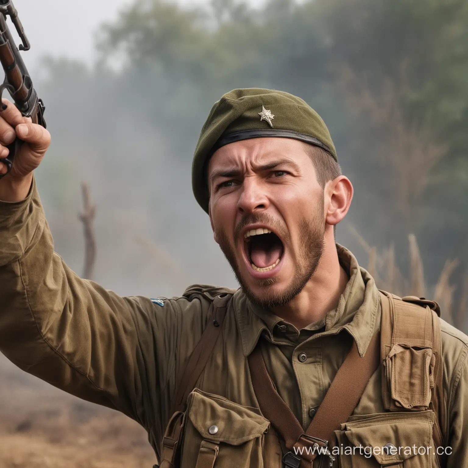 Soldier-Shouting-with-Raised-Rifle-in-Intense-Battle-Scene