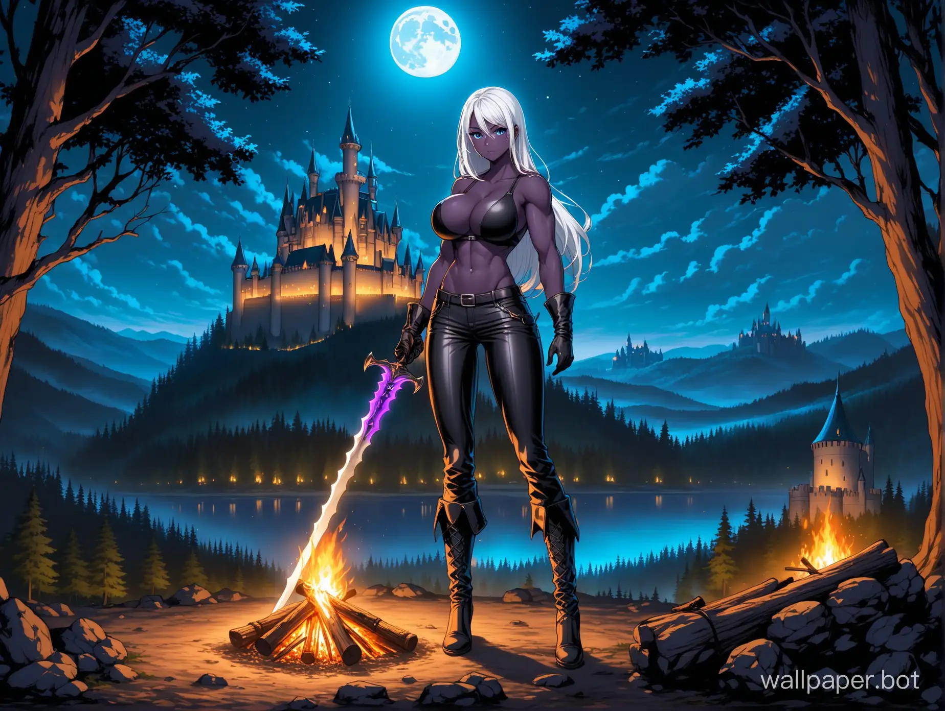 Woman, one, thin, muscular, young, dark purple skin, long white hair, big breasts, blue eyes, leather pants and gloves, long boots, holding a greatsword, forest, bonfire, night, castle far in the background, long shot, full body, moon,