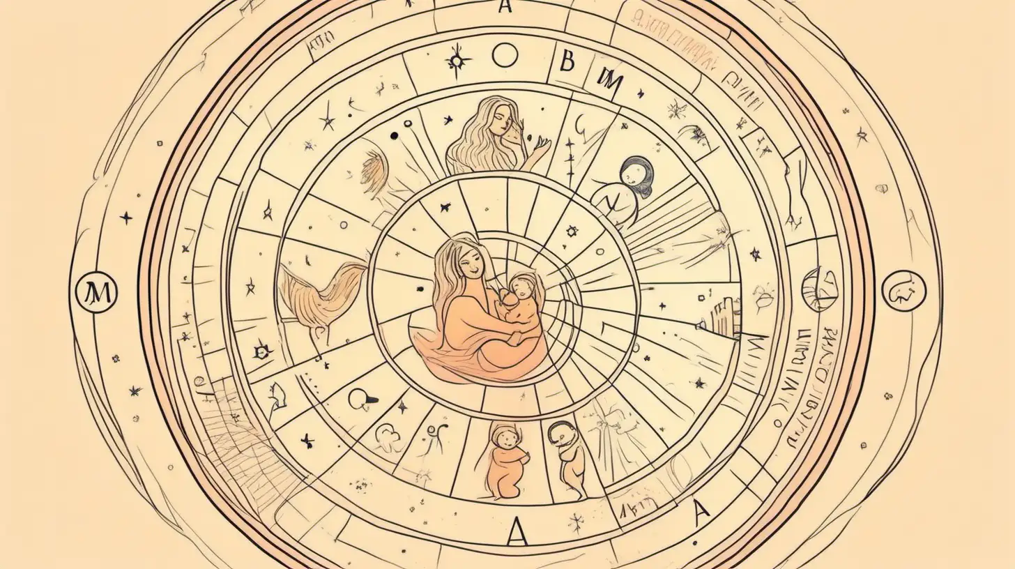 Draw An astrological wheel with a mother and baby . Loose lines. Muted color, with label style little text