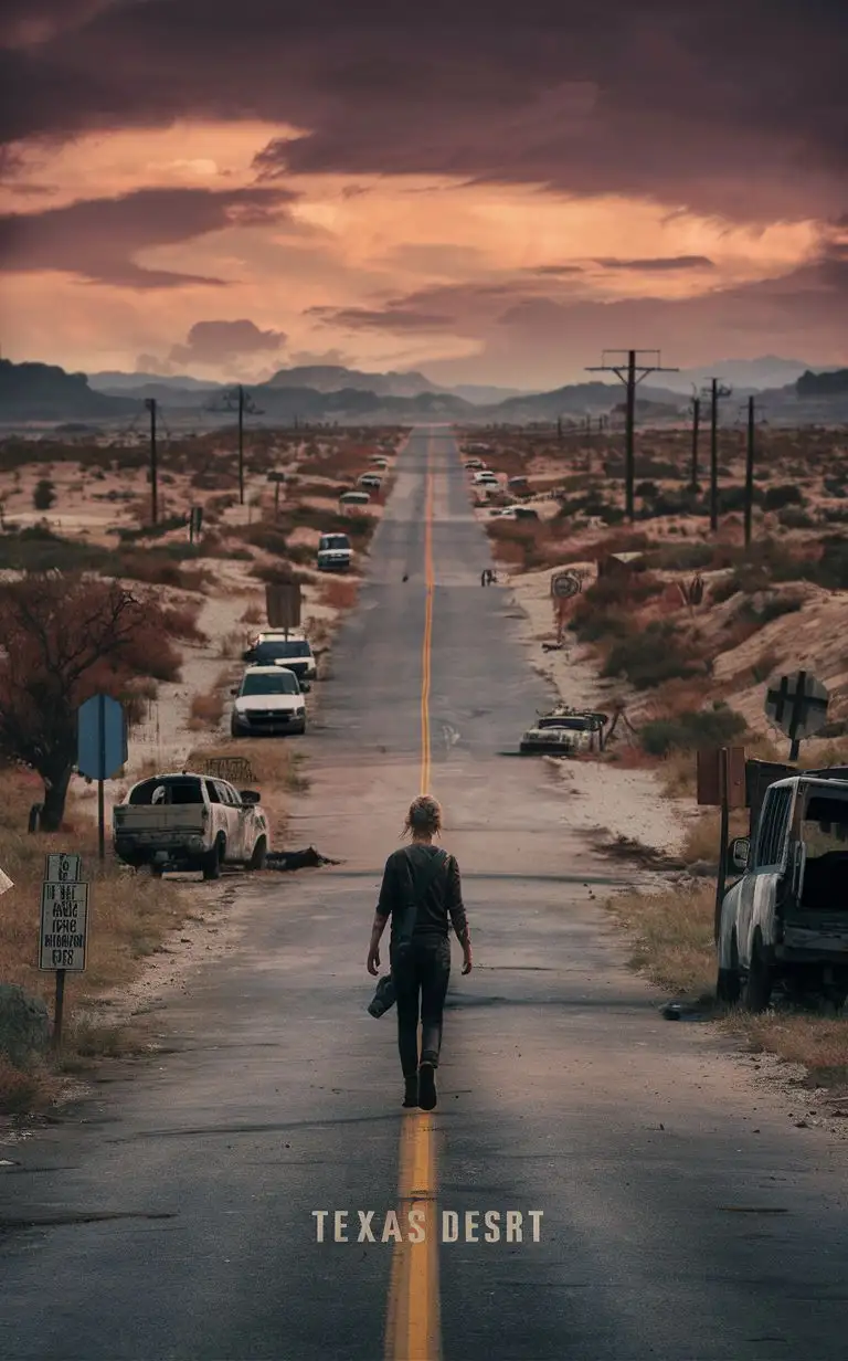 post-apocalypse, texas desert road, Kristian Llamas style, the last of us, no texte