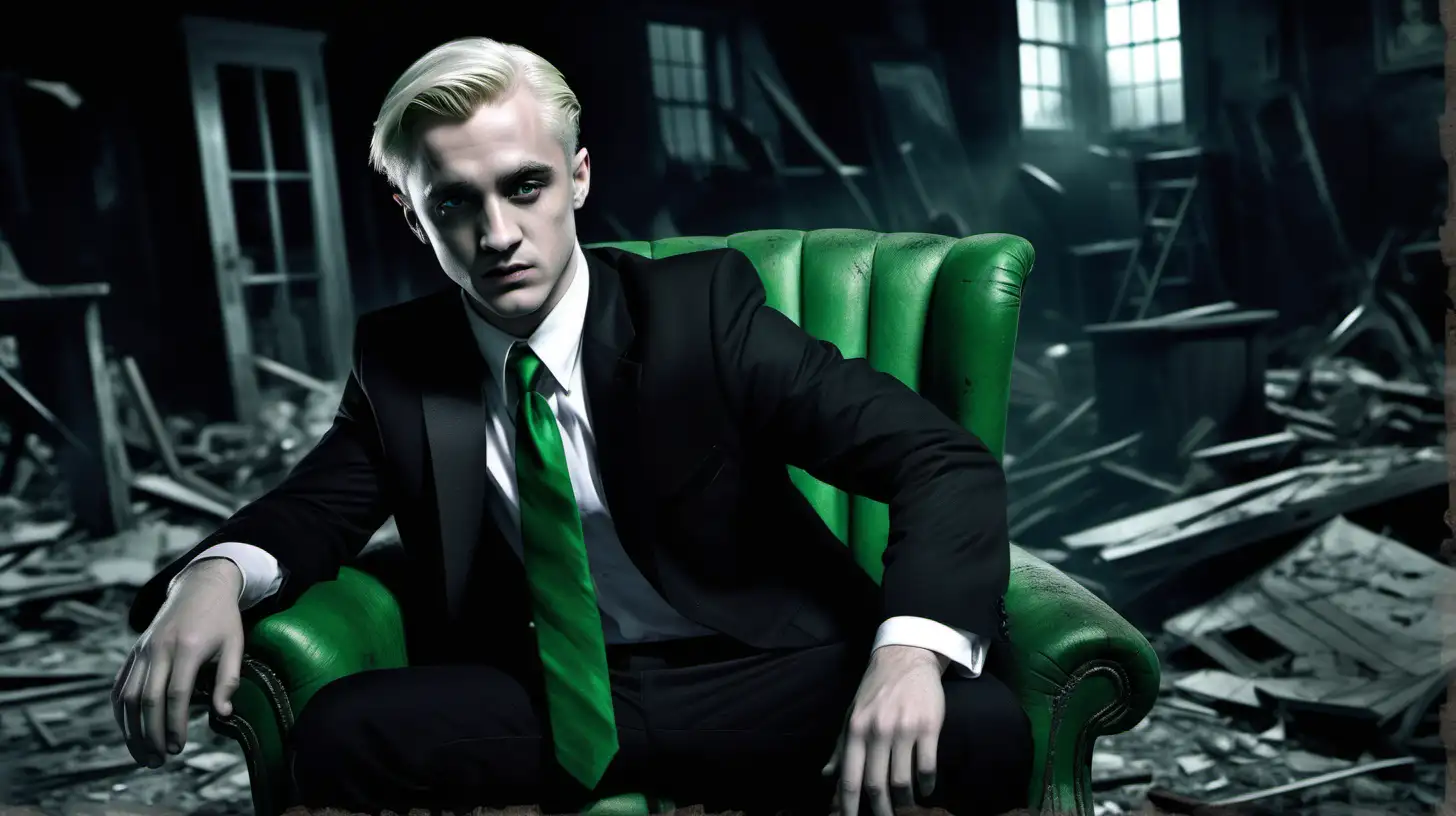 black and white, sin city style, night, Draco Malfoy, short white hair, green eyes, dressed in black suit with white shirt and necktie with Slytherin colors, sitting on dusty black chair, broken furniture of abandoned house on background, hyper-realistic