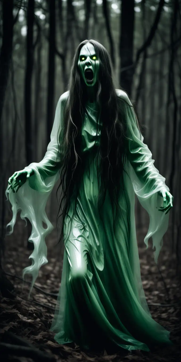 a female banshee spirit wearing clothing made of latex material.  She has long hair wearing green in the dark woods. shes screaming.  Half human and half ghost.
