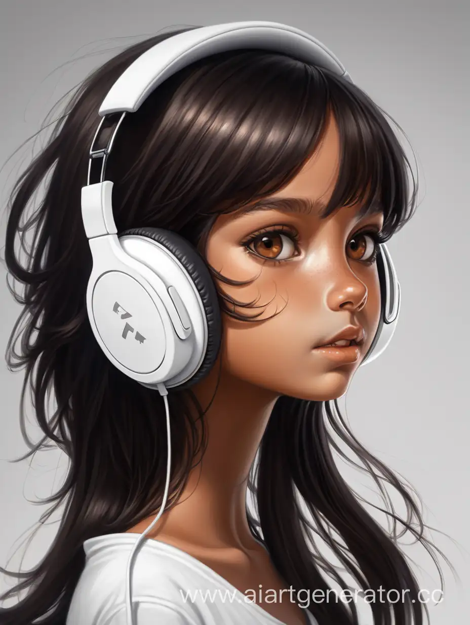 темноволосая смуглая девушка с карими глазами, в белых наушниках, квами лисы, цифровой арт