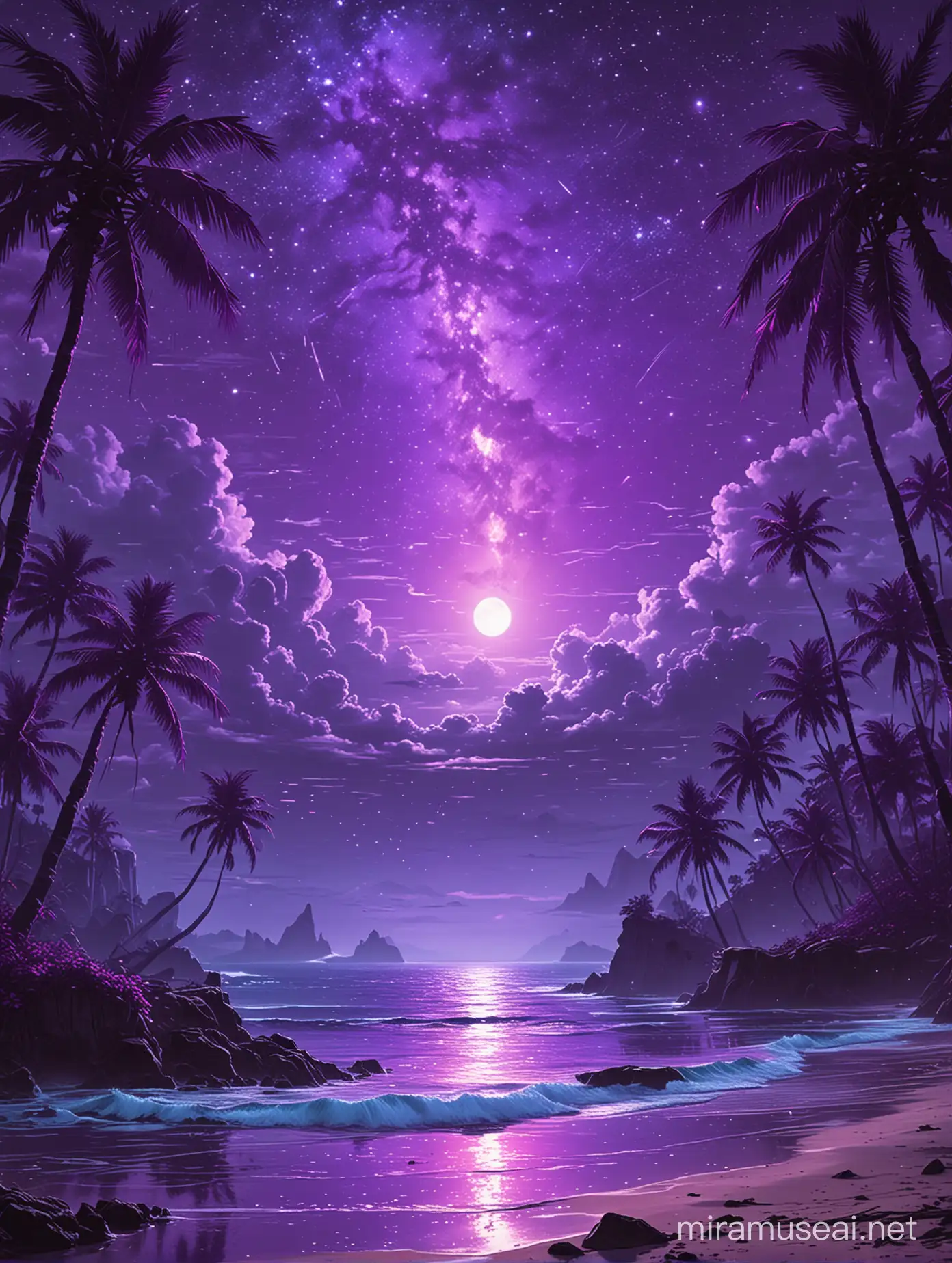 cyberpunk pacific island landscape with purple background, purple haze starry night
