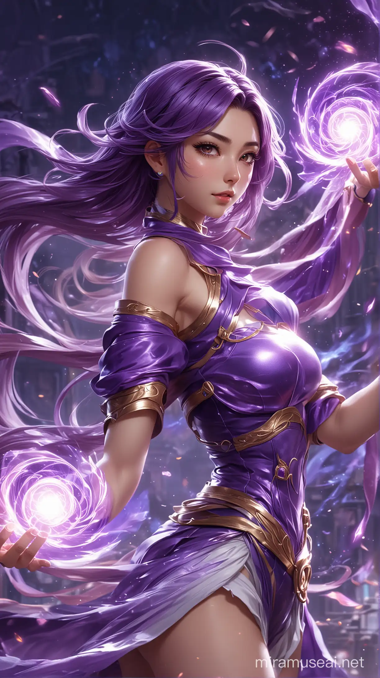 A stunning realistic anime illustration featuring a side view of a female character of mobile legend game,Miya looking to the viewer. Surrounding her, a captivating purple energy aura swirls and dances, capturing the essence of the oil element technic