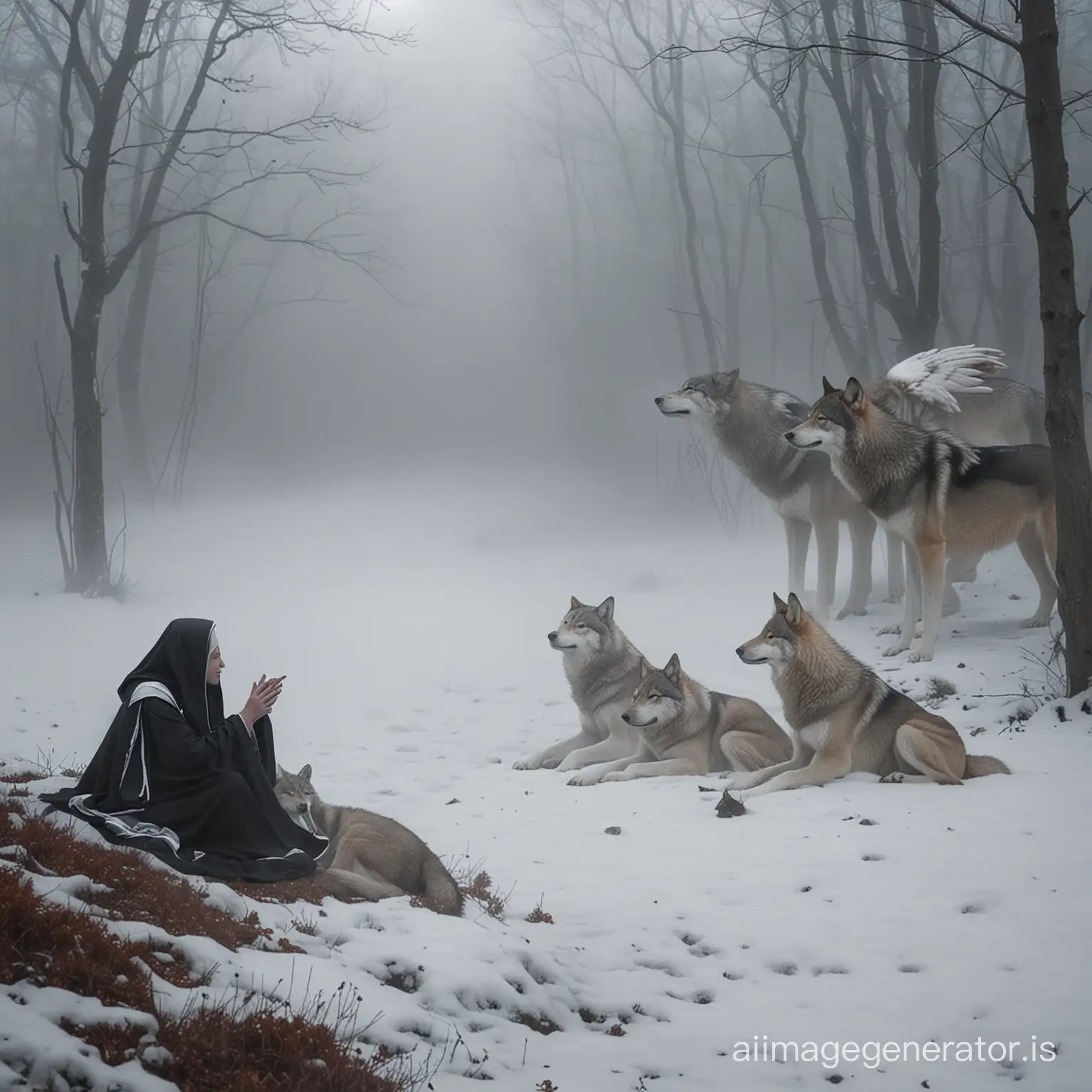 Nun with angel wings watching over Wolfmaiden with her wolf pack  as  she sleeps in the fog 
