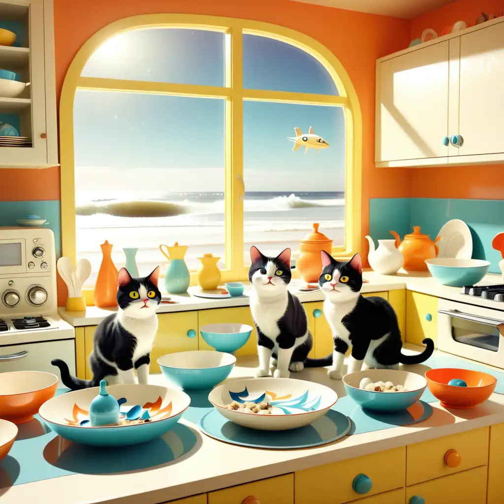 Playful Space Age Cats Amidst Kitchen Beach Joy