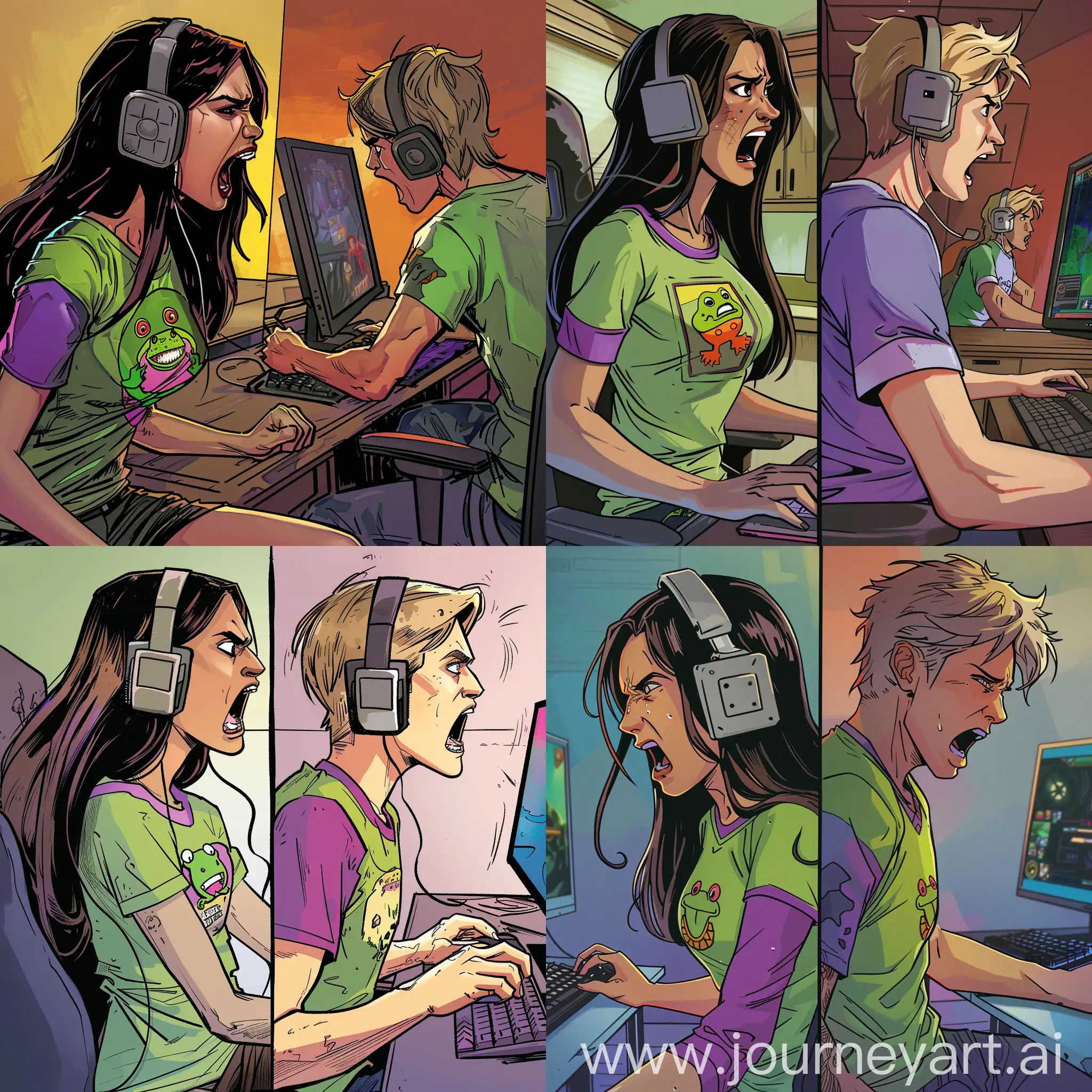 In the style of a newspaper cartoon comic, colorful. A young 25 year old woman, with long waste length dark brown hair and grey square headphones, wearing a tight green t-shirt, with purple sleeves and shoulders, and a cartoon frog in the middle, sits in front of a computer monitor and is screaming angry at the game. we see this from exactly side-on, split down the middle, on the right side of the image is another person, a man 25 years old with blonde hair (it is xqc), is also sitting at his computer monitor screaming at it. It looks as if their desks are back to back, but it is 2 seperate rooms.