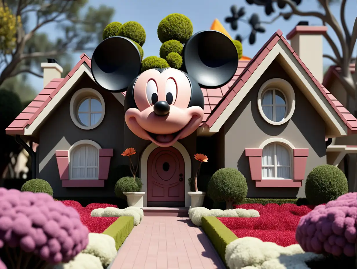 Whimsical Mickey Mouse HeadShaped House Surrounded by Mickey Minnie Trees and Flowers