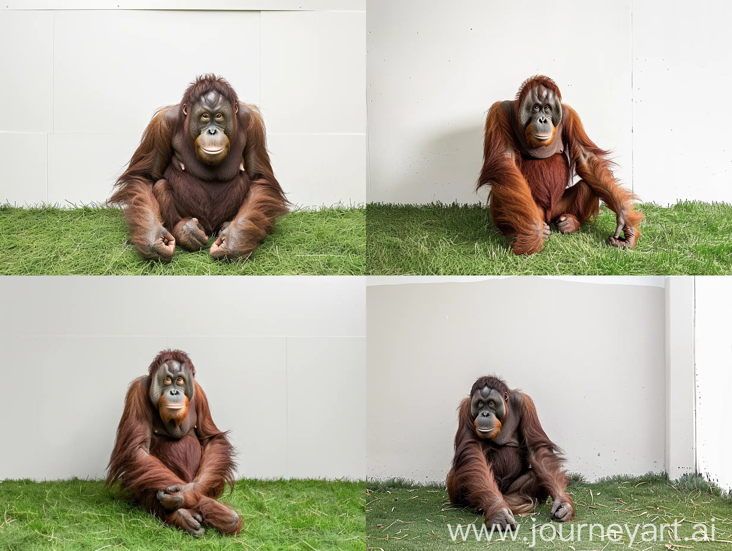 An orangutan sitting on grass in front of a white wall, hyper-realistic