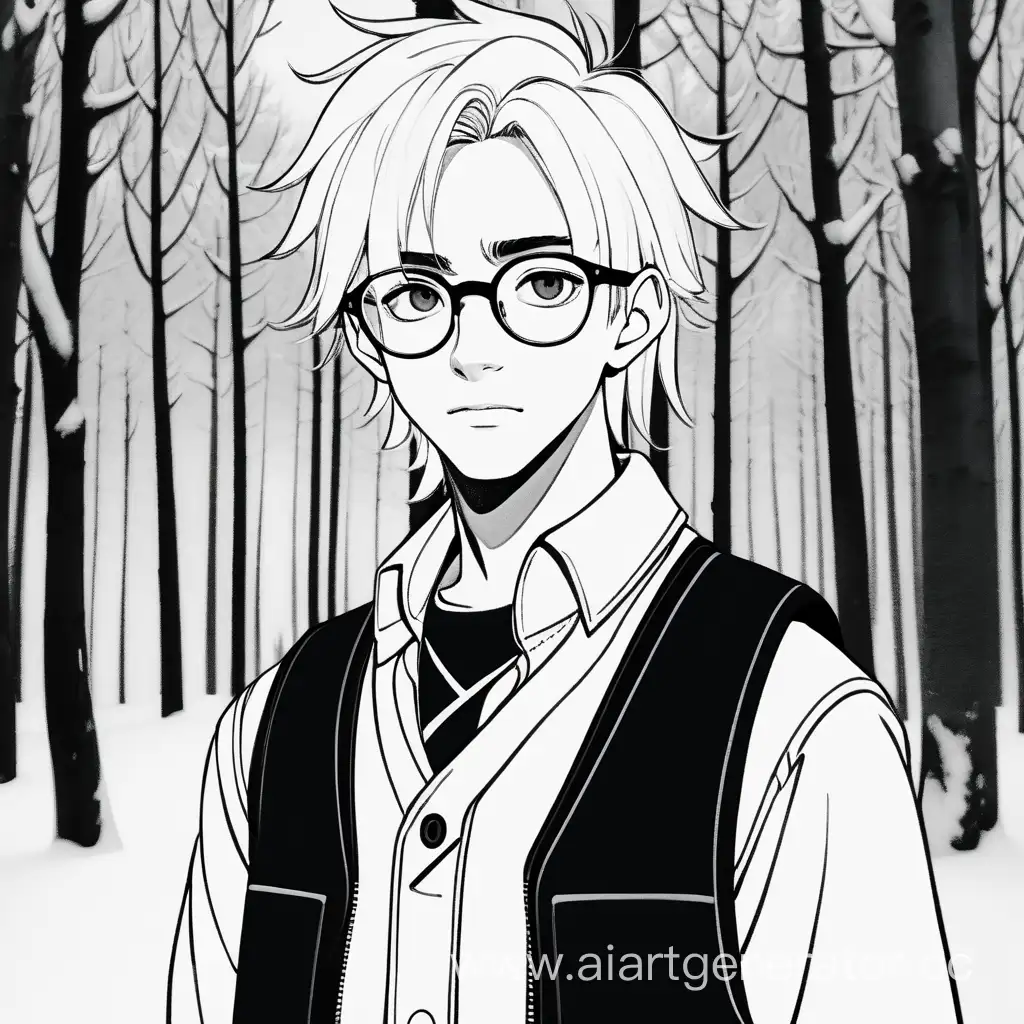 мальчик лет 18 с белыми волосами и светлыми глазами, одет в рубашку и школьную жилетку, в круглых очках с тонкой оправой, стоит на фоне зимнего леса, картинка черно-белая